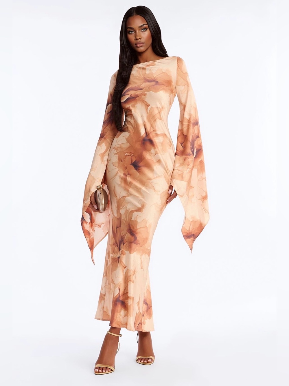 Fashion Nova Peach Floral Long-Sleeve Maxi Dress
